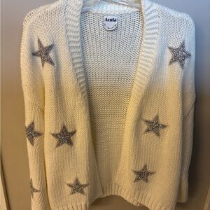 Arula Cream Cable Knit Cardigan Sweater with silver crystal stars
